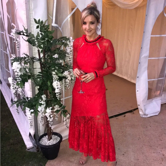 Three Floor Dress Red Lace Midi Dress Avant Gard Romantic Fall Wedding Sz 4 - Picture 4 of 6